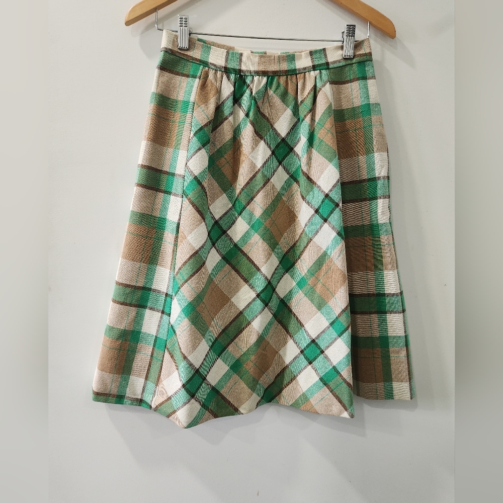 Vintage 50s Plaid Green and Brown Women's Skirt 28" Waist Metsl Zip